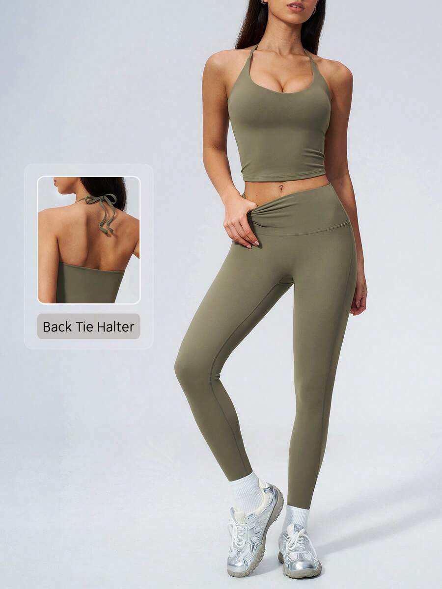 NcmRyu Women's One Set Solid Color Halter Tie U-Neck Backless Cropped Tank Top High Waist Ankle Pants Sports Set - Green - View 1
