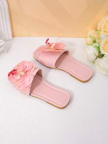 1 Pasang Sandal Anak Perempuan Motif Bunga Merah Muda, Anti Selip, Tahan Aus, Ujung Persegi, Model Rendah, Sol Datar Terbuka, Gaya Segar dan Manis, Cocok untuk Musim Semi/Panas, Pantai, Aktivitas Luar Ruangan, dan di Rumah - Berwarna merah muda - View 8