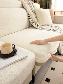 1pc Beige Teddy Fleece Elastic Sofa Cover, Sofa Cushion Protector, Fits 3 Seater Sofa, L-Shaped Sofa, Backrest Cover, Dirt-Resistant, Easy To Remove And Wash, Suitable For All Seasons, Living Room Decor - Off White - View 9