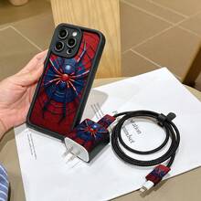 6件組液態黑色蜘蛛手機殼圖案 + 充電頭保護套 + 線材保護套 + 收納繩 + 數據線保護纏繩 TPU 防摔保護殼，適用於 Apple 17 16e 16 15 14 13 12 11 Mini Pro Max Air X XR XSMAX 8 7 Plus，防摔磨砂背殼，智慧型手機保護殼，日常使用殼，時尚手機配件，創意設計，UV 印刷設計，時尚保護殼，時尚愛好者，音樂愛好者，生日禮物首選 - 彩色 - 查看 4