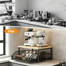 Wire Baskets& Drawer Kitchen Countertop Organizer- Space-Saving Storage System Featuring Sturdy Hardwood For Coffee Maker Shelf Black - Black - View 5