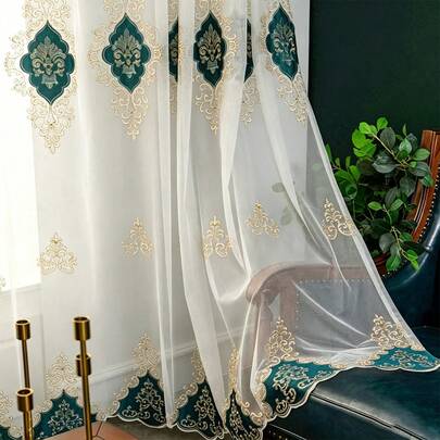 1 pieza Cortinas transparentes de lujo con bordado dorado, cortinas de ventana de voile con patrón damasco clásico europeo para sala de estar y dormitorio, paneles de cortina de tul transparente con filtración de luz