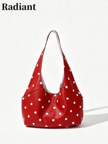 Women's Shoulder Bohemian Style Large Capacity White Polka Dot Faux Leather Snap Button Casual Daily Shopping Travel Bag - Red - View 2