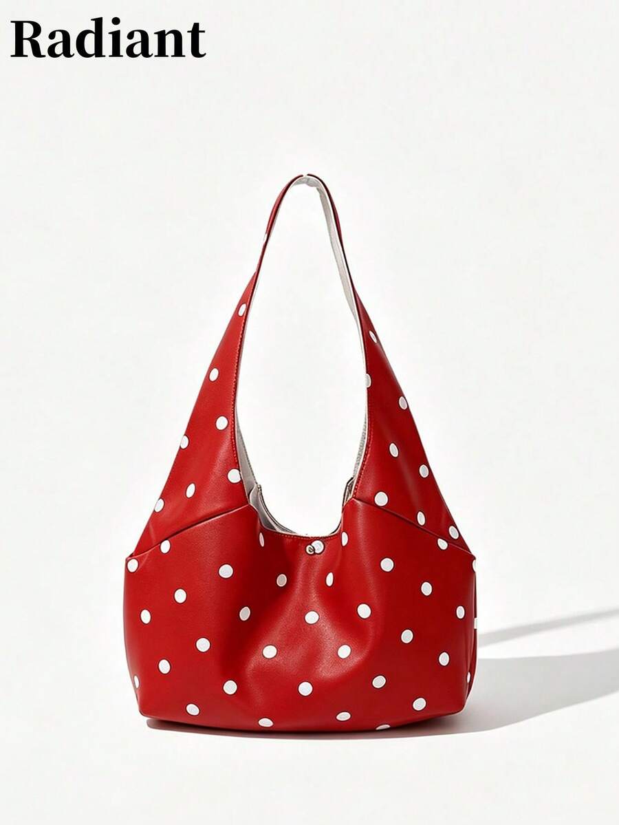 Women's Shoulder Bohemian Style Large Capacity White Polka Dot Faux Leather Snap Button Casual Daily Shopping Travel Bag