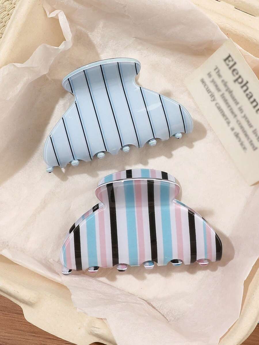 2入藍色拼色條紋醋酸壓克力半月形高冠後腦髮夾,適合半紮髮,韓系溫柔優雅甜美少女風,春夏浪漫氛圍,高級百搭旅行髮飾 - 彩色 - 查看 1