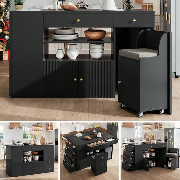 Kitchen Island With Bar Stools, Kitchen Cabinet With 6 Drawers & Seats, Adjustable Width