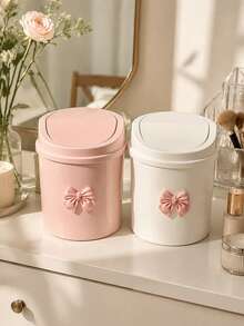 Mini Desktop Trash Can With Lid And Decorative Bow, Plastic Swivel Lid, Non-Electric Cylindrical, Suitable For Home, Office, Kitchen, Bedroom Vanity And Daily Use - Multicolor - View 2