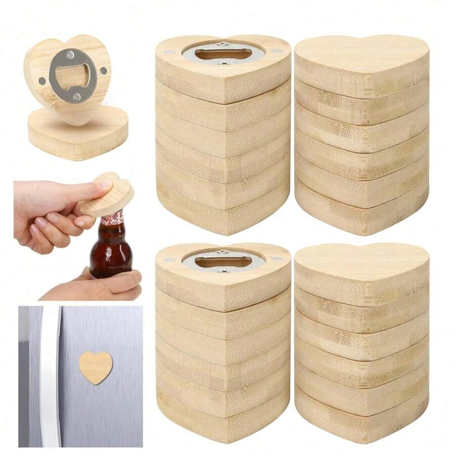 50/20/10pcs Bamboo Magnetic Heart-Shaped Bottle Opener, Creative Wooden Refrigerator Magnet Gift Bag, DIY Customized Engraving And Coloring, Personalized Wine Bottle Opener, Refrigerator Decoration, Party Favors, Wedding Favors, Bridal Shower, Engagement Gift, Anniversary, Birthday Gift, Housewarming Gift, Back To School, Autumn Gathering, Halloween, Thanksgiving, Christmas, New Year, Family Gathering, Bar Party, BBQ, Camping, Kitchen Decoration, Business Gift, Party Favors - Khaki (Heart-shaped Bottle Opener) - View 1