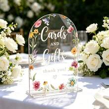 2D Flat Modern Calligraphy Acrylic Wedding Sign, Wildflower Arch Shape Tabletop Display, Printed With "Cards & Gifts"; Transparent And Durable Tabletop Decor, Easy To Clean, Suitable For Wedding Welcome Area, Party And Various Events, Ideal Tabletop Decoration For Bridal Shower, Anniversary Celebration - View 4