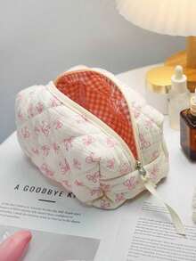 Cute Bow Knot Makeup Bag, Bow Knot Pattern Toiletry Bag, Travel Storage Zipper Pouch, Quilted Makeup Bag, Fashionable Foldable Commuter Makeup Brush Storage Bag, Aesthetic Makeup Bag - A - View 8