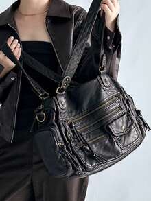 Women's Vintage Handbag Large Capacity Retro Shoulder Bag Multi-Pocket Tote Bag - Bronze - View 3