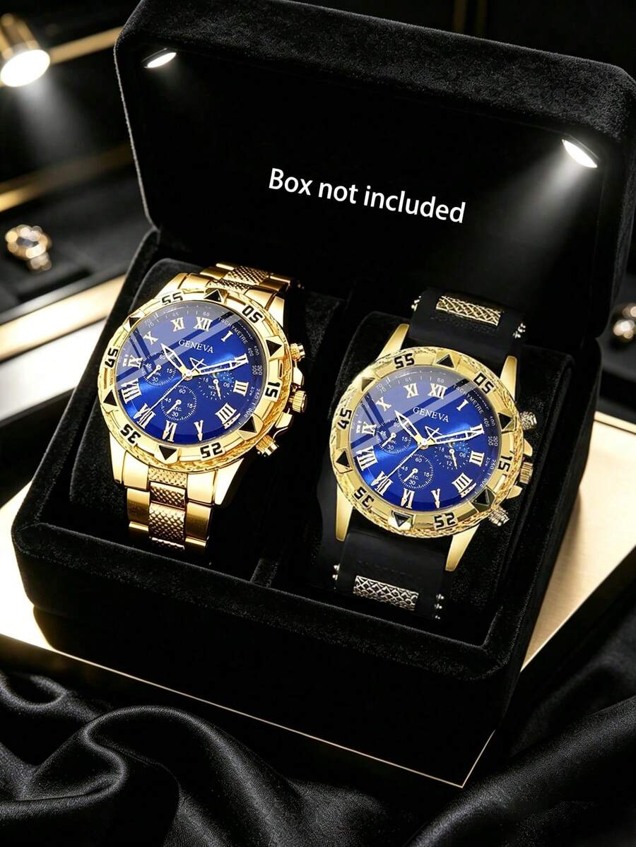 2pcs/Set Men's Gold Luxury Watch Set, Blue Dial Roman Numeral Three-Eye Gold Watch, One With Gold Stainless Steel Band, One With Gold Case And Black Silicone Strap, Bold Men's Accessory, Suitable For Summer Daily Wear, Perfect As Luxury Gift For Boyfriend, Son On Valentine's Day, Birthday, Father's Day - Multicolor - View 1
