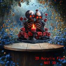 1PC Gothic Skeleton Skull Red Rose Candle 2D Acrylic Standee, Spooky Halloween Table Decor, Creepy Haunted House Desktop Ornament, Dark Horror Scary Goth Home Party Gift - A - View 4