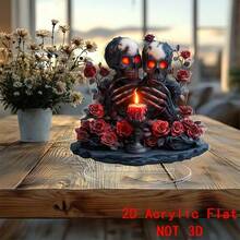 1PC Gothic Skeleton Skull Red Rose Candle 2D Acrylic Standee, Spooky Halloween Table Decor, Creepy Haunted House Desktop Ornament, Dark Horror Scary Goth Home Party Gift - A - View 6