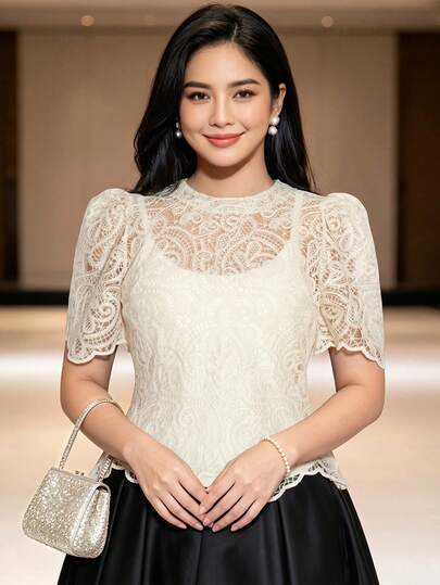 Amyenjoylife Top Filipiniana Moderno para Mujer, Elegante de Verano, Transparente con Encaje Hidrosoluble, Manga Corta Abullonada, Ajustado, Color Beige (Ropa Interior No Incluida)