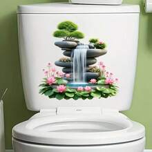 1PC Zen Water Flow Bonsai Toilet Lid Sticker, Lotus Decoration, Creative Toilet Sticker, Removable Toilet Lid Decal Paper, Decorative Sticker Decal For Wall And Door, Self-Adhesive Easy To Install - Multicolor - View 1