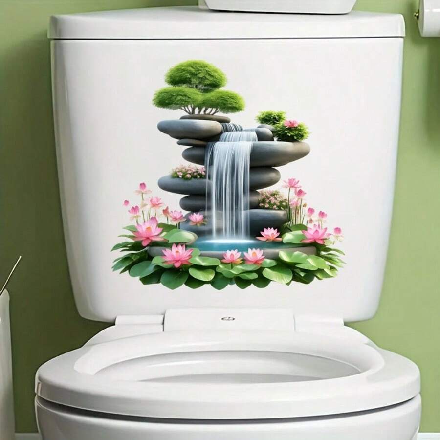 1PC Zen Water Flow Bonsai Toilet Lid Sticker, Lotus Decoration, Creative Toilet Sticker, Removable Toilet Lid Decal Paper, Decorative Sticker Decal For Wall And Door, Self-Adhesive Easy To Install - Multicolor - View 1