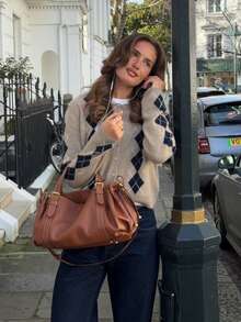 Women's Casual College Style Short Argyle Knit Cardigan, Long Sleeve Round Neck Sweater, Suitable For Winter Wear, Wool Blend Fall - Gray Khaki - View 8