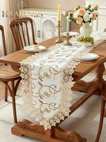 HXARTMIS 1PC Elegant Lace Trim Embroidered Table Runner, White Background With Gold Floral Pattern Tablecloth, Washable Decorative Table Runner, Suitable For Kitchen, Dining Room, Entryway Cabinet, Western Country Style Home Tabletop Decor - milk coffee color - View 4