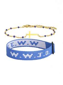1 Set "WWJD" (What Would Jesus Do) Letter Jacquard Woven Bracelet, Christian Inspired Accessory, Unisex Daily Wear - Blue - View 2