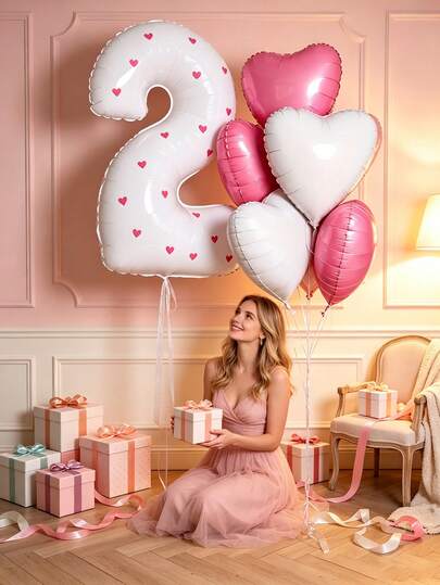 Bohemian Style Cream 0-9 Number Heart-Shaped Foil Balloon Set, Suitable For Valentine's Day Decoration, Birthday Decoration, Wedding Decoration, Anniversary Decoration, Engagement Decoration, Party Decoration Supplies