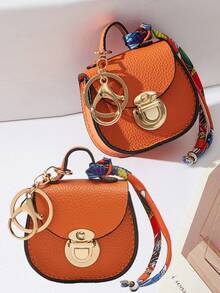 CHARM INFINITE Bolso colgante multifuncional con llavero de cierre giratorio mini en forma de silla de montar, textura de lichi en 7 colores, decoración de cinta de seda estampada, para guardar auriculares, lápiz labial y monedas - Multicolor - Ver 21