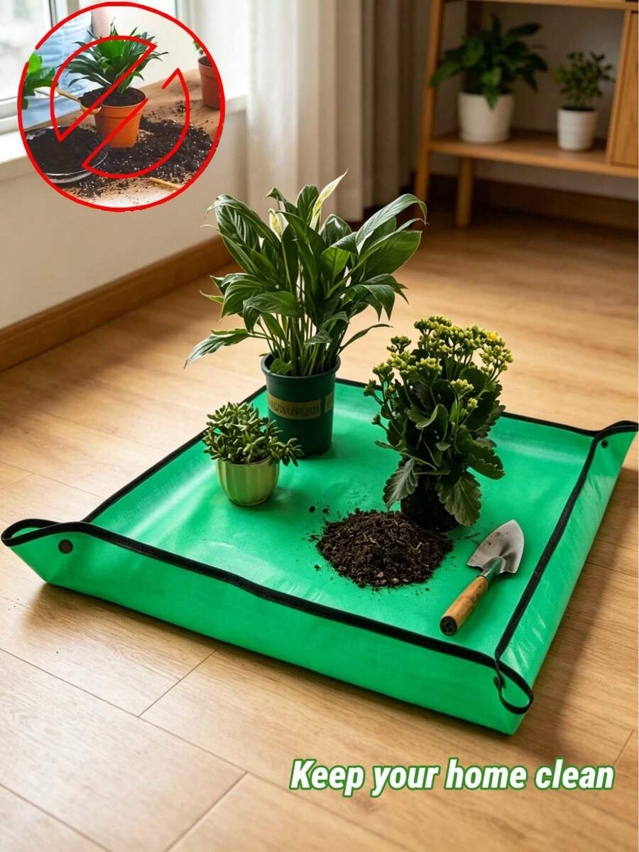 1件防水園藝種植墊（易清潔可折疊盆栽墊）－青綠色耐用易清潔土壤混合墊，適用於室內/室外，適合多肉植物、花卉、蔬菜－盆栽移栽與護理工具，堅固邊緣設計