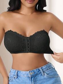 CELILIN Strapless Lace Bandeau Bra For Women - Front Closure Non-Slip Tube Top For Off-Shoulder Outfits - Black - View 7