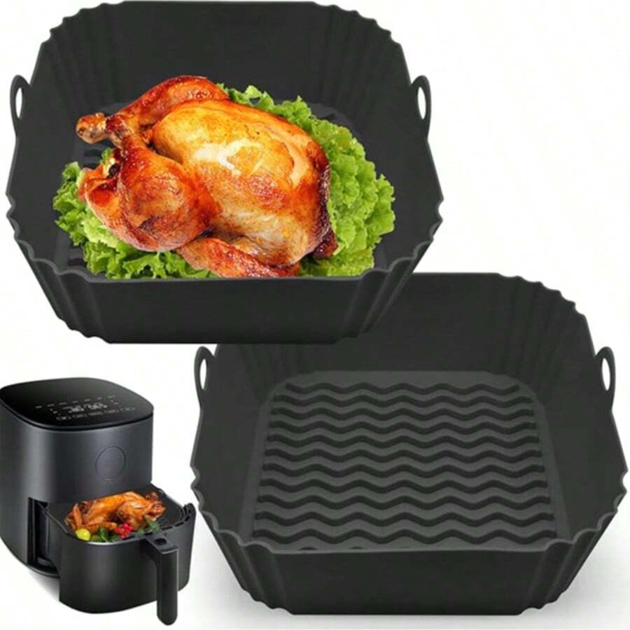 2pcs Air Fryer Baking Pan Liners, Reusable Air Fryer Liners (8inch), Easy To Clean Kitchen Accessories, Black 2pcs - 查看 1