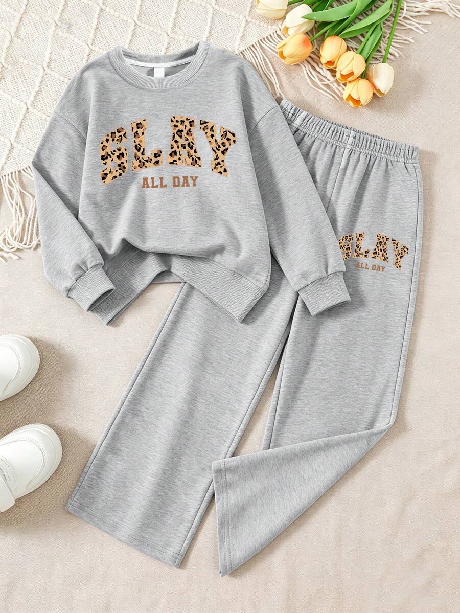 Fashionable Youth Girl Creative Print Sweatshirt, Casual Crew Neck Sweatshirt Paired With Versatile Loose Wide Leg Pants, 2-Piece Set For Autumn/Winter Daily Wear - Grey - View 1