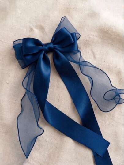 1pc Large Navy Blue Elegant Satin Chiffon Ribbon Bow Hair Clip With Long Tail, French Vintage Hair Accessory, Summer Headband For Women