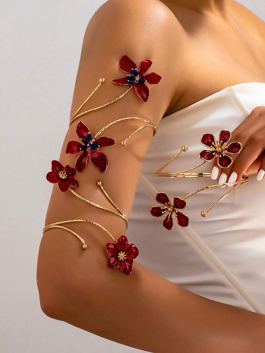 1pc Vintage Burgundy Enamel Floral Open Arm Cuff Bracelet, Dress Decorative Flower Armlet - Burgundy - View 1