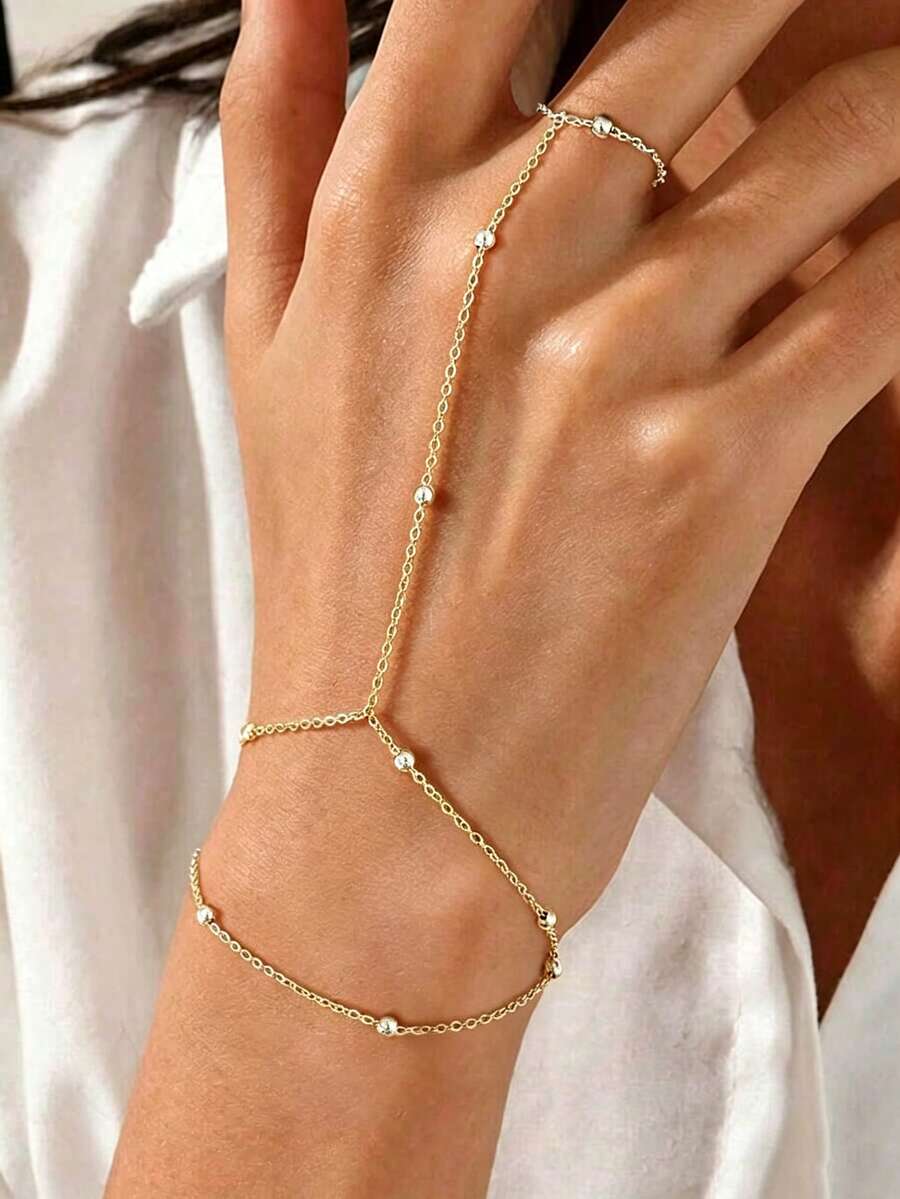 1pc Elegant Versatile Ring Bracelet With Premium Copper Bead Chain - Gold - View 1