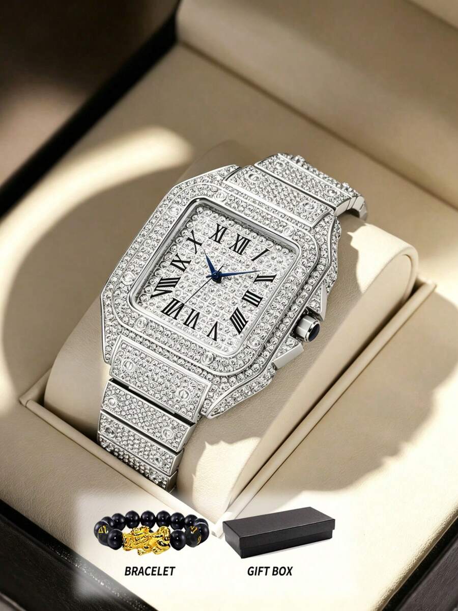 Luxury Diamond Watch Set, Fashionable & Elegant Quartz Watch Suitable For Men & Women, Comes With Gemstone Bracelet, Square Dial, Diamond-Encrusted Roman Numeral Watch, Suitable For Easter, Halloween, Christmas, Father's Day, Birthday, Back To School, Students, Festivals, Valentine's Day, Dates, Business, Daily Wear, Gifts, Music Festivals, Wedding Season - 銀色 - 查看 1