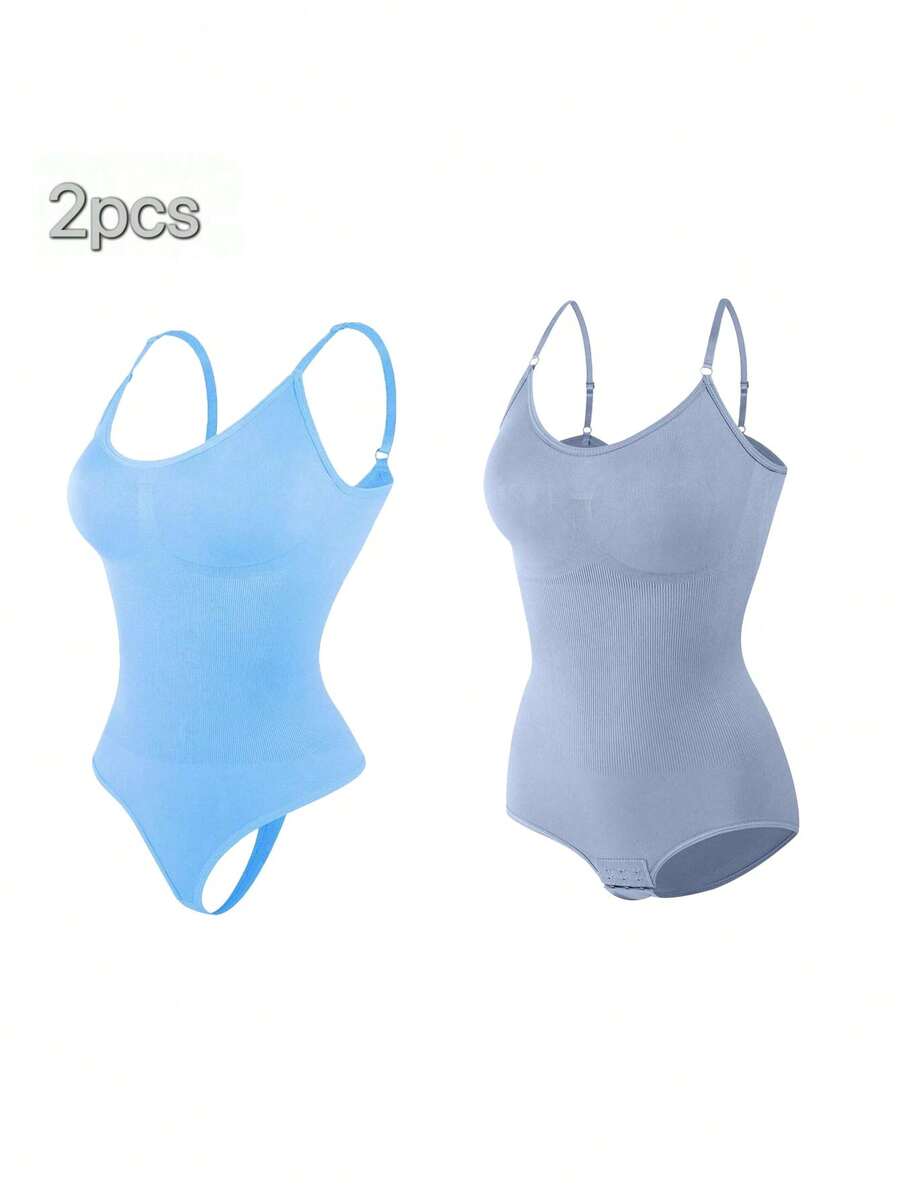 2Pcs High Waist Tummy Control Thong Bodysuit Figure - 淺藍色 - 查看 1