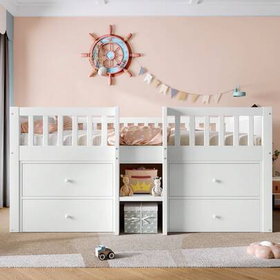 Flieks Low Loft Bed With Storage, Solid Wood Bed Frame With Drawer Storage, 3ft Single Bed With Guardrail, No Box Spring Needed, Saving-Space Design For Bedroom, Modern Bed For Children (No Mattress)
