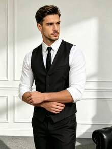 Men's Slim Fit V-Neck Vest With Pockets, Men's Casual Suit Vest, Men's Sleeveless Waistcoat - Black - View 3
