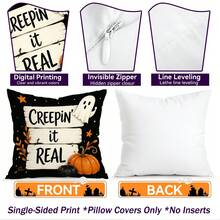 4pcs Black Cat Ghost Halloween Text Pattern Single-Sided Printed Pillow Covers/Cushion Covers, Multi-Scene Atmosphere Decorative Pillow Covers Suitable For Living Room, Sofa, Bedroom, Pillow Inserts Not Included - Multicolor - View 4