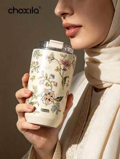 choxila 1pc Vintage Floral Print 380ml Stainless Steel Insulated Coffee Travel Mug, Leak-Proof Flip Lid Travel , Hot & Cold Dual Use Car Office Home Water Cup, Ideal Gift For Women
