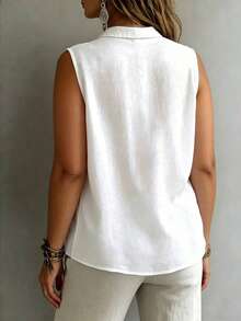 Plus Size Fashionable Sleeveless Lapel Shirt For Women, Versatile Loose Casual Commute Camisole Tank Top, Solid Color Button Front, Daily Wear White Summer, Work To Weekend - White - View 2