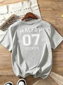 Women Crew Neck Tee, Malfoy 07 Seeker Back Print Short Sleeve, Stretchy All Season Casual Spring Summer Autumn Daily Printed Top - 灰色 - 查看 2