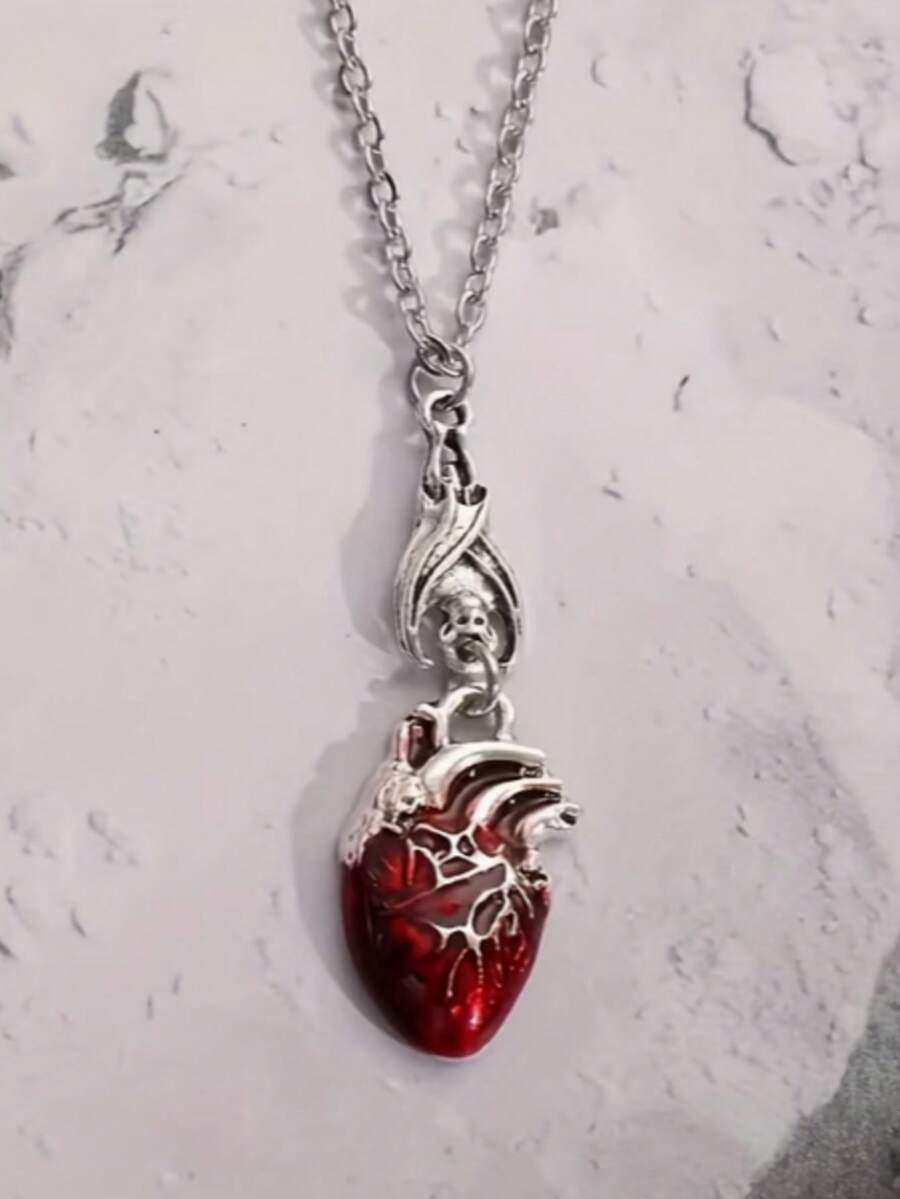 Unique Gothic Bat & Red Heart Pendant Necklace - Perfect Halloween Accessory For Men, Punk Style - Multicolor - View 1