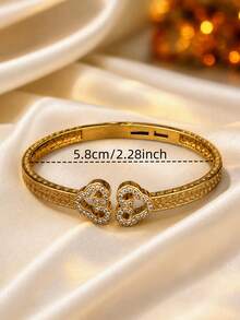 1pc Women's Fashion Hollow Heart Open Cuff Bracelet, Exquisite Zirconia Inlaid Textured Bracelet, Versatile Daily Commute High-End Accessory - Bracelet - View 5