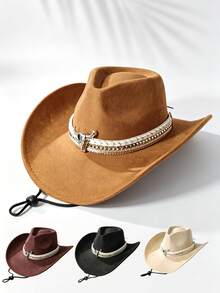 Unisex Vintage Western Cowboy Hat, Suede Wide Brim Rider Hat, With Adjustable Windproof Chin Strap, Metal Decoration, Suitable For Outdoor, Sun, Perfect Gift For Halloween, Thanksgiving, Christmas, Country Music Concert, Rodeo And Beach Vacation - Suede Cowboy Hat - View 1