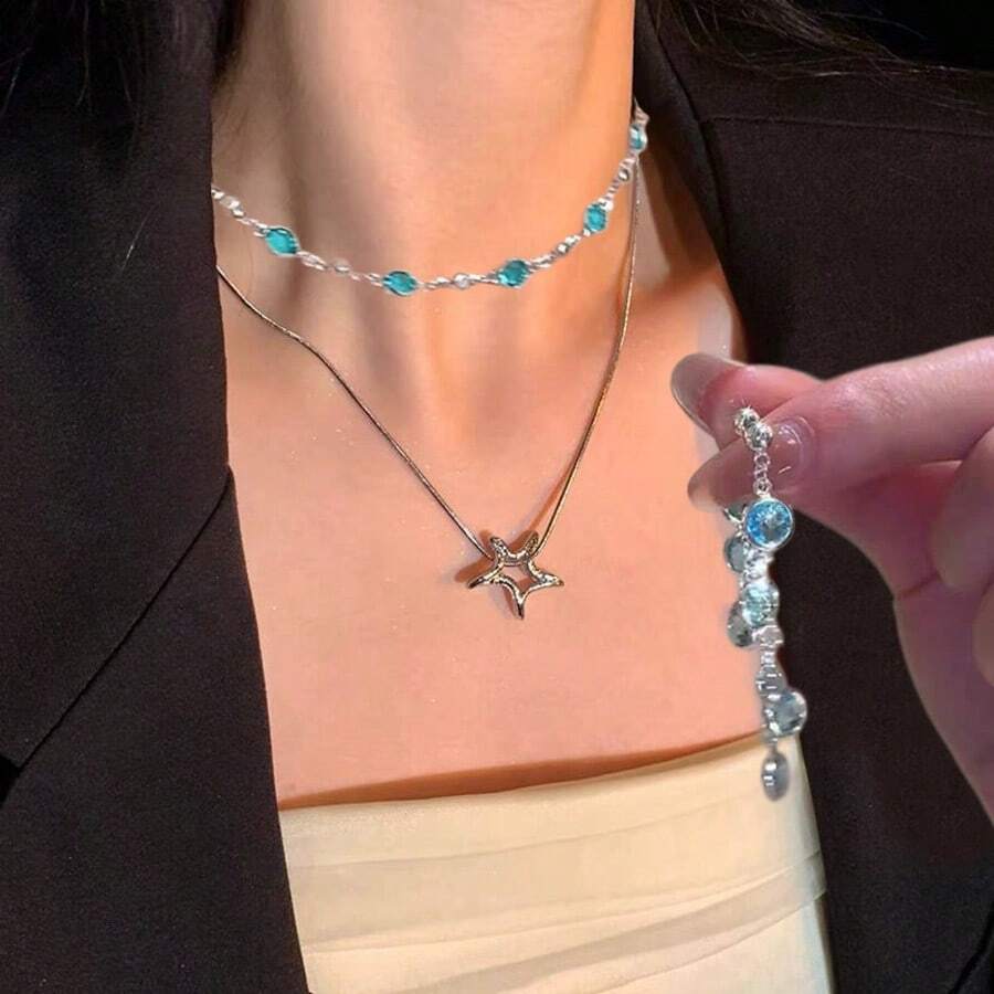 4-Piece Set Double-Layer Star Stainless Steel Snake Chain Necklace Blue Rhinestone Collar Necklace Choker - Multicolor - View 1