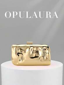 OpulAura 1件金色歐美風女款壓克力晚宴手拿包，不對稱方盒設計搭配撞色扣環，適合派對、宴會/婚禮、情人節場合 - 金色 - 查看 7