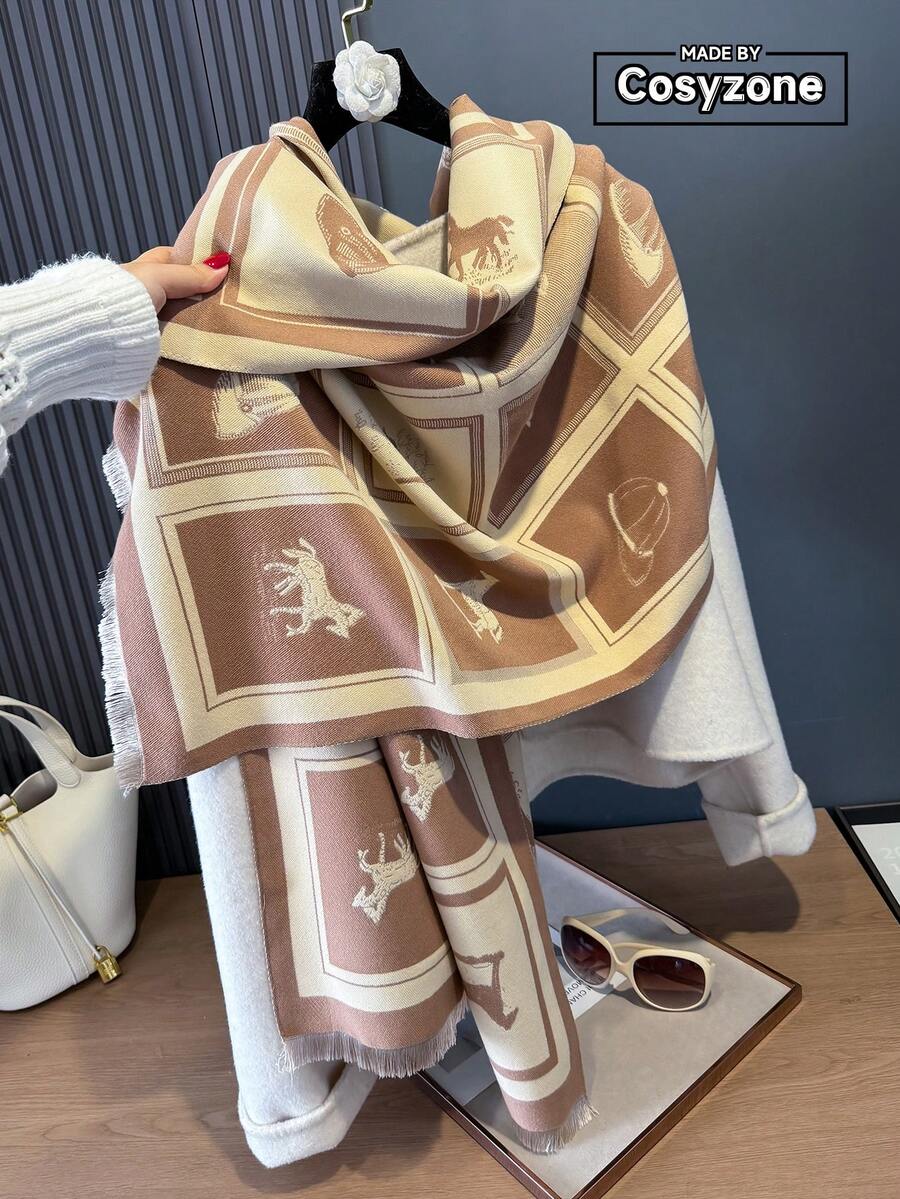 1件仿羊絨極簡風高級馬紋提花保暖圍巾，女款，冷氣房毯，秋冬時尚百搭防寒護頸，戶外旅行保暖裝飾圍巾披肩雙用，適合日常搭配，理想禮物選擇 - 淺咖色 - 查看 1
