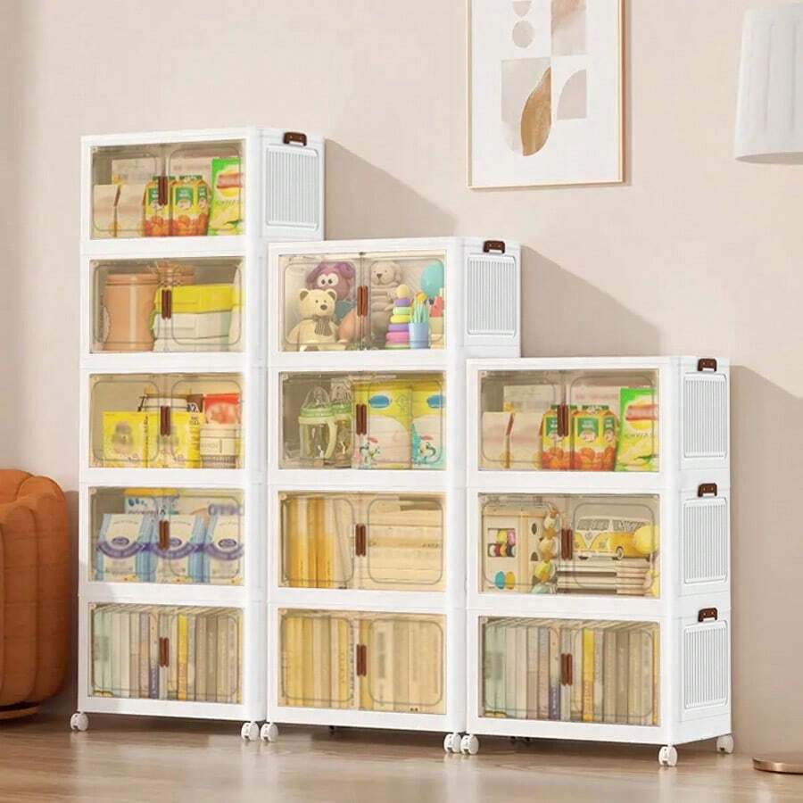 Armario de almacenamiento extragrande de 43 cm con puertas y ruedas, caja plegable impermeable para guardar objetos pequeños, documentos, juguetes y aperitivos en el dormitorio, armarios de varios niveles con cajones de plástico para almacenamiento. - Blanco - Ver 1