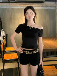 Yorily Asymmetrical Ruched Waist T-Shirt For Women, Asymmetric Asymmetrical Shoulder Crop Top With Short Sleeves, Summer Casual Black - Black - View 7