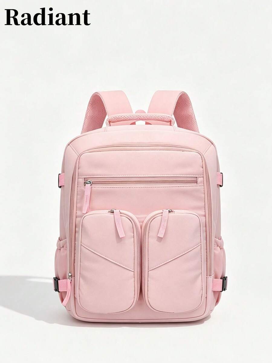 Mochila casual de uso diario con bloques de color y múltiples bolsillos de nylon para mujer, adecuada para la escuela, viajes y trabajo (Mochila de vuelta a la escuela)